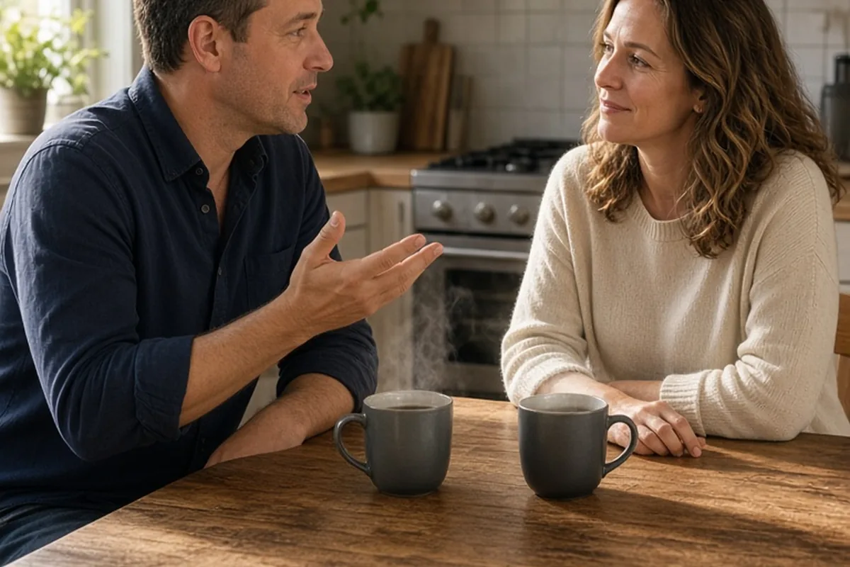 A clearly adult man and a clearly adult woman in their late thirties sitting across from each other at a wooden kitchen table, engaged in a calm conversation with two coffee mugs on the table between 