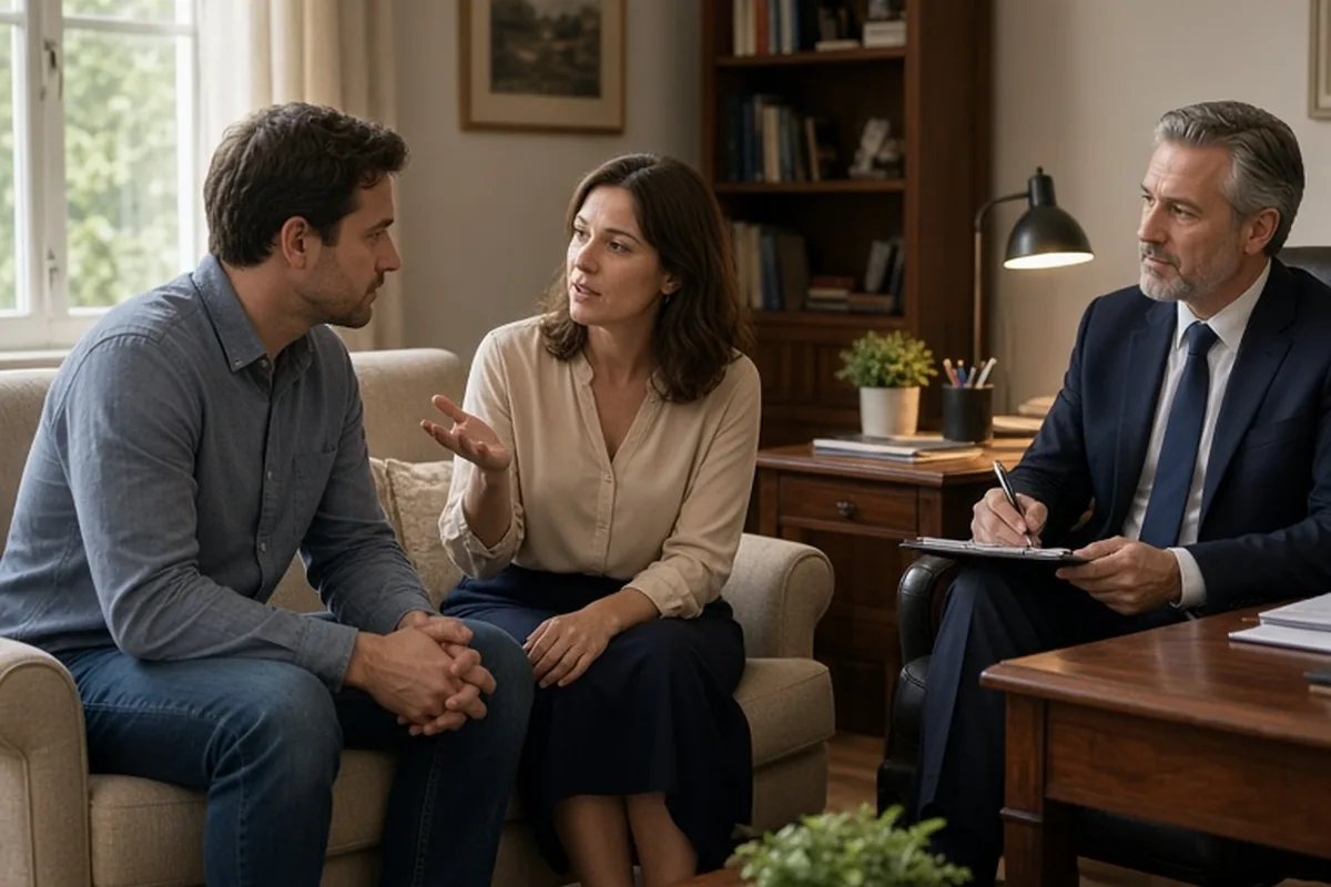 A couple in their thirties sitting across from a therapist in a therapy office, the woman explaining a recent misunderstanding while the therapist listens and takes notes.