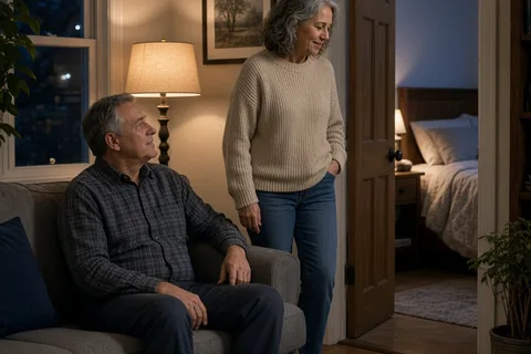 A clearly adult woman in her early fifties with shoulder-length salt-and-pepper hair wearing a cozy sweater and jeans standing in a home living room near the open door to the guest bedroom as her clea