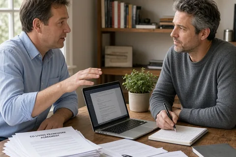 Two men in their late thirties and early forties reviewing legal documents at a wooden table in a home office