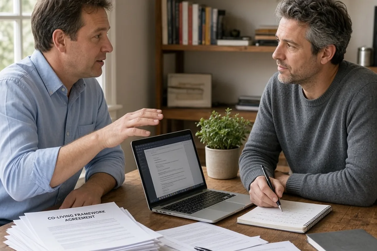 Two men in their late thirties and early forties reviewing legal documents at a wooden table in a home office