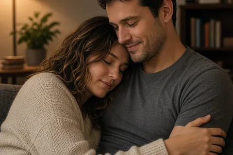 A man and woman sitting on a sofa in a home living room, the woman resting her head on the man's shoulder with his arm around her in a relaxed, non-sexual cuddle.