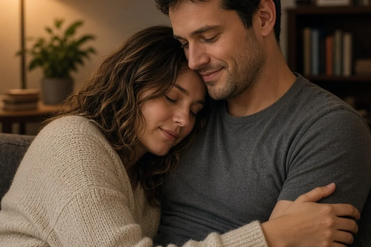 A man and woman sitting on a sofa in a home living room, the woman resting her head on the man's shoulder with his arm around her in a relaxed, non-sexual cuddle.