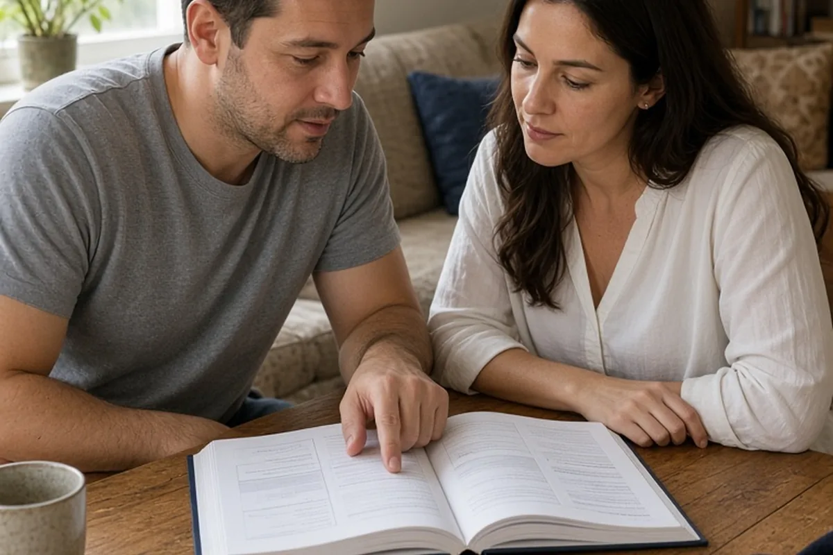 A man and woman at a home dining table discussing an open workbook together