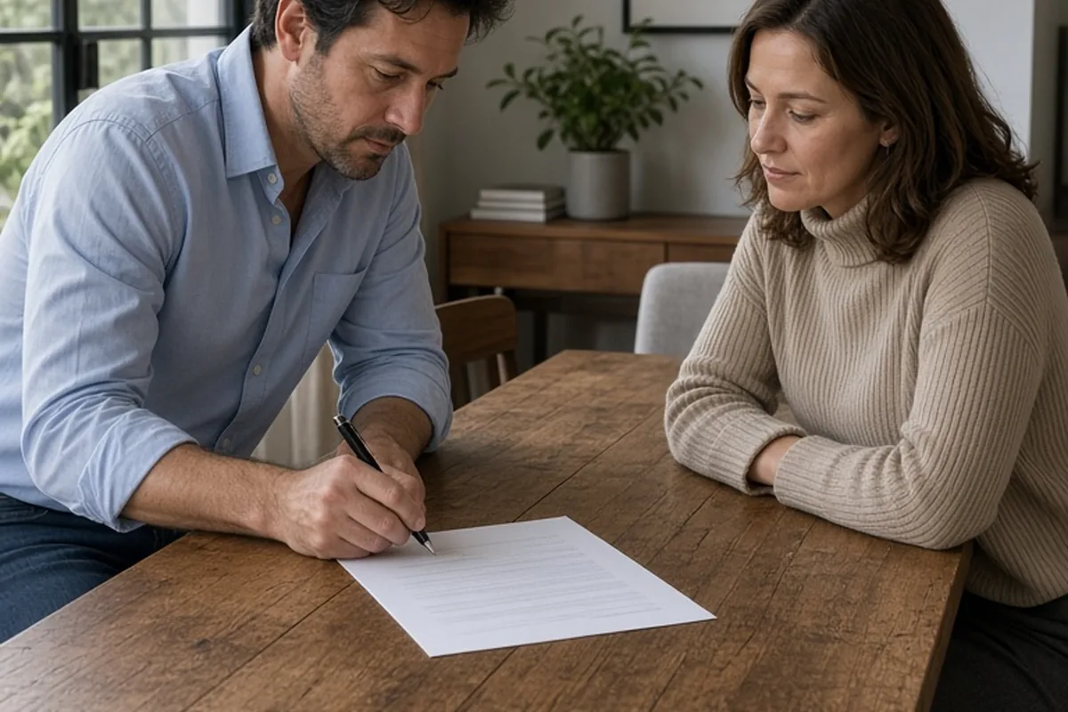 A couple signing a cohabitation agreement at a dining table in their home