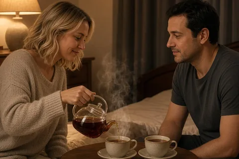A couple in a bedroom sharing a cup of tea as part of their daily transition ritual before one partner goes to sleep