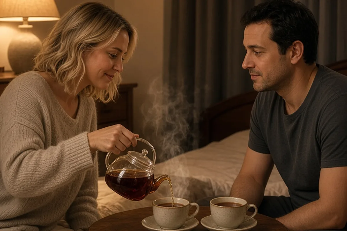A couple in a bedroom sharing a cup of tea as part of their daily transition ritual before one partner goes to sleep