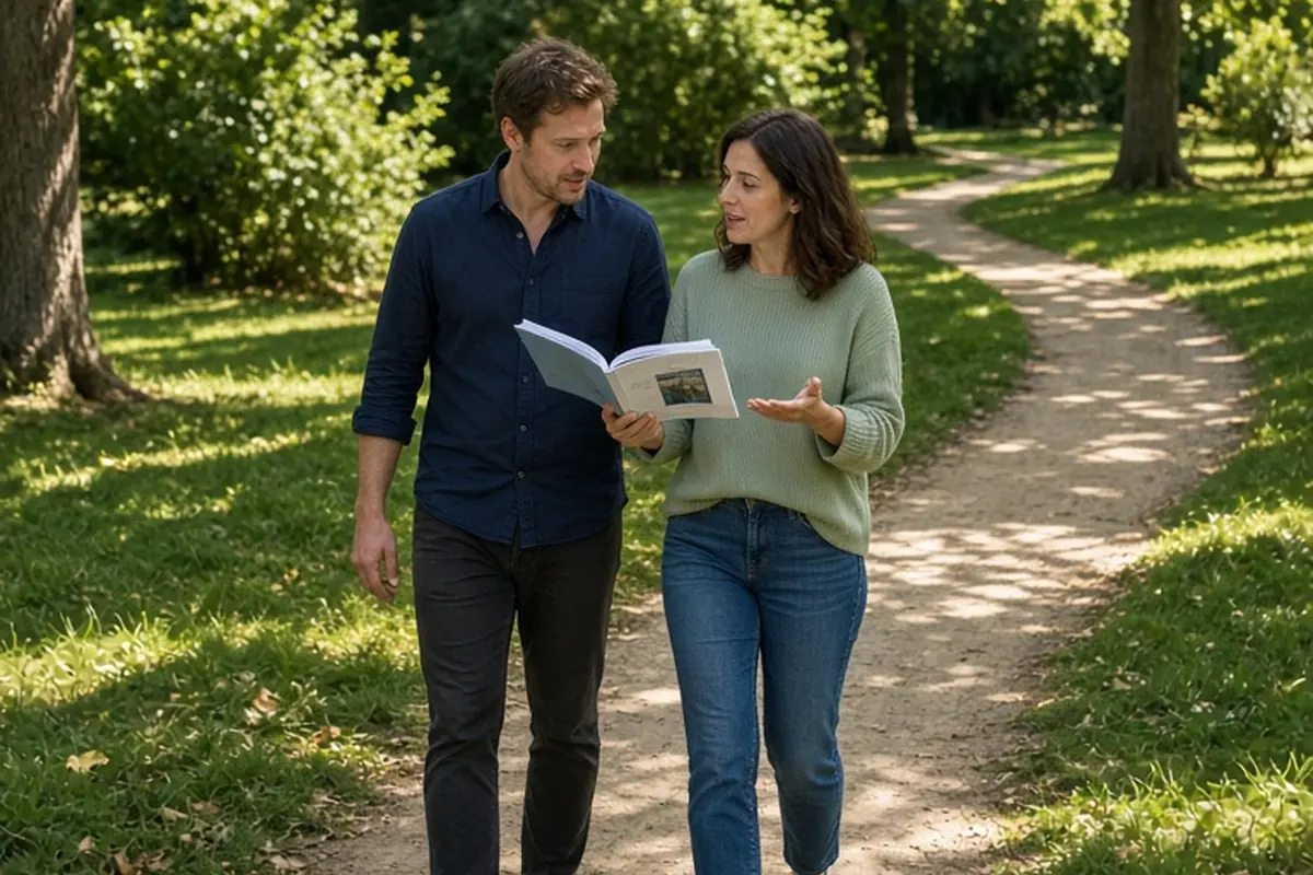 A man and a woman walking side by side in a park, one holding an open printed workbook as they converse