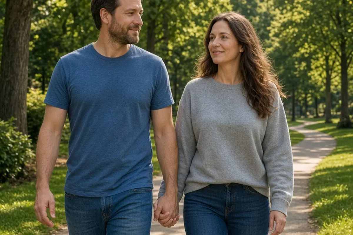 A man and woman in their late thirties strolling hand in hand in a park on a sunny day