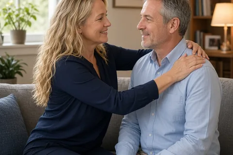 A middle-aged woman with long wavy blonde hair and a middle-aged man with short salt-and-pepper hair sitting on a couch in a therapy office, with the woman gently massaging the man's shoulders in a ca