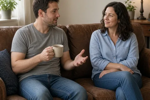 A man in his thirties with short brown hair and a woman in her mid-thirties with wavy brown hair sit on opposite ends of a brown leather couch in a living room, the man holding a cup of tea as they en