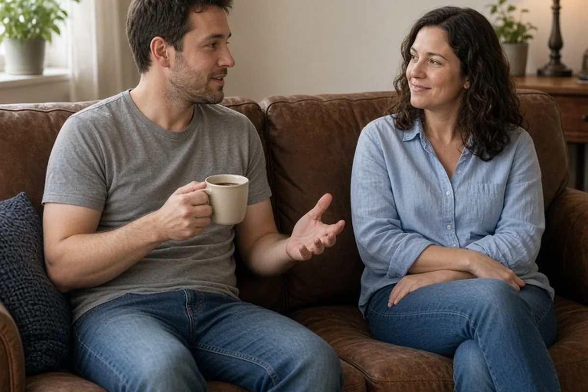 A man in his thirties with short brown hair and a woman in her mid-thirties with wavy brown hair sit on opposite ends of a brown leather couch in a living room, the man holding a cup of tea as they en