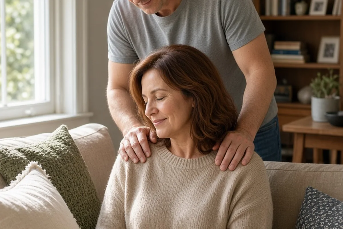 A middle-aged man gently massaging his wife's shoulders as they sit on a living room couch.