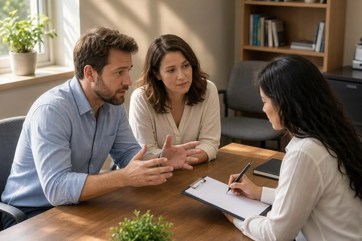 A couple in their early thirties sitting in a therapy session with a graduate student intern at a university psychology clinic