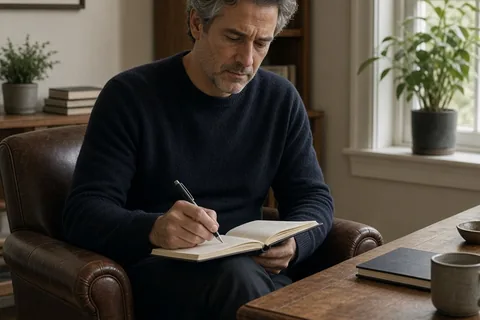 A man in his forties with graying hair sitting in a therapist's office at a wooden desk writing in a notebook
