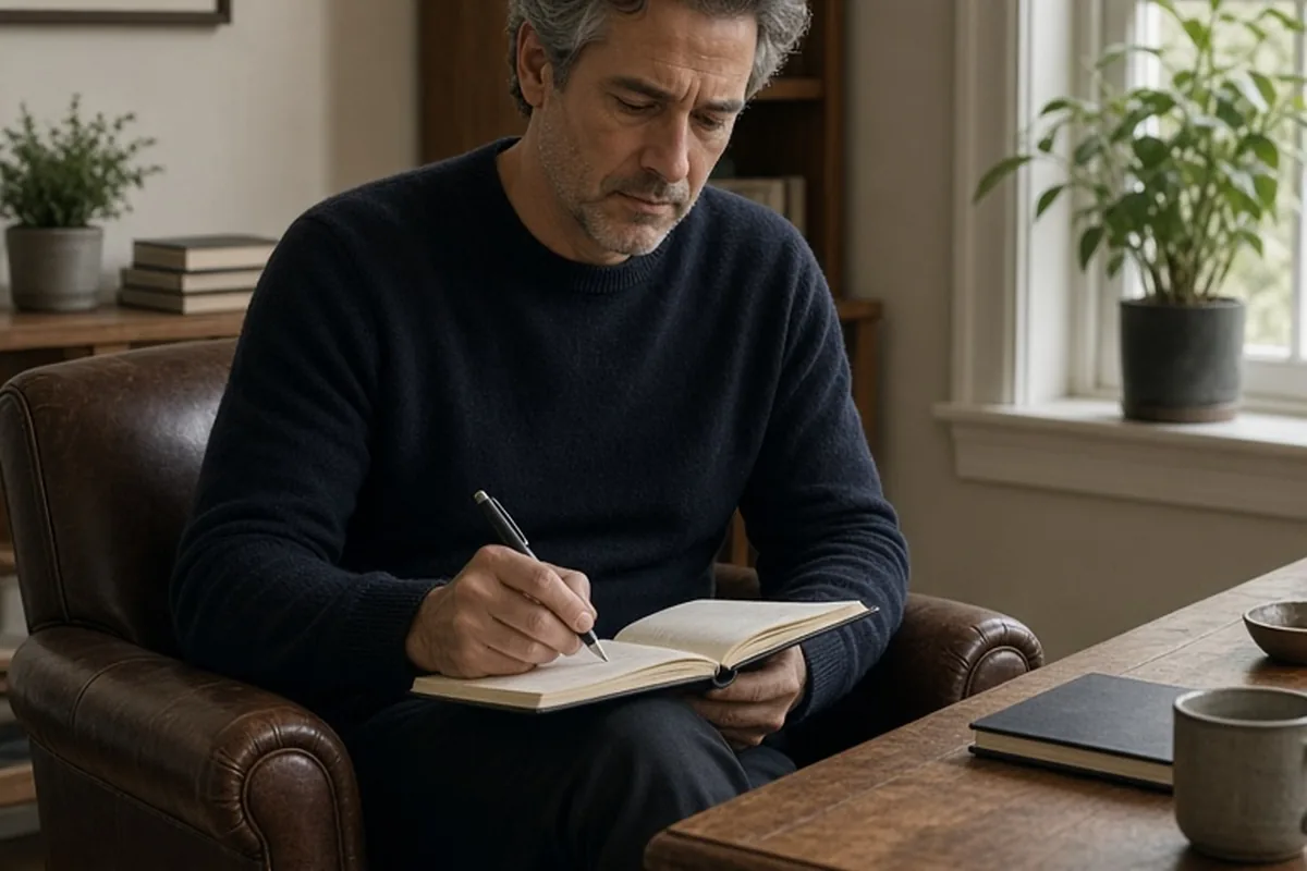 A man in his forties with graying hair sitting in a therapist's office at a wooden desk writing in a notebook