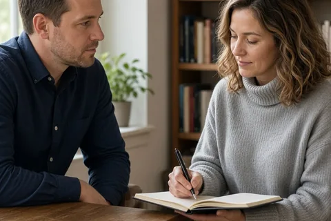 A man and a woman sitting at a desk in a home office, the woman writing in a notebook on her lap while the man listens attentively.