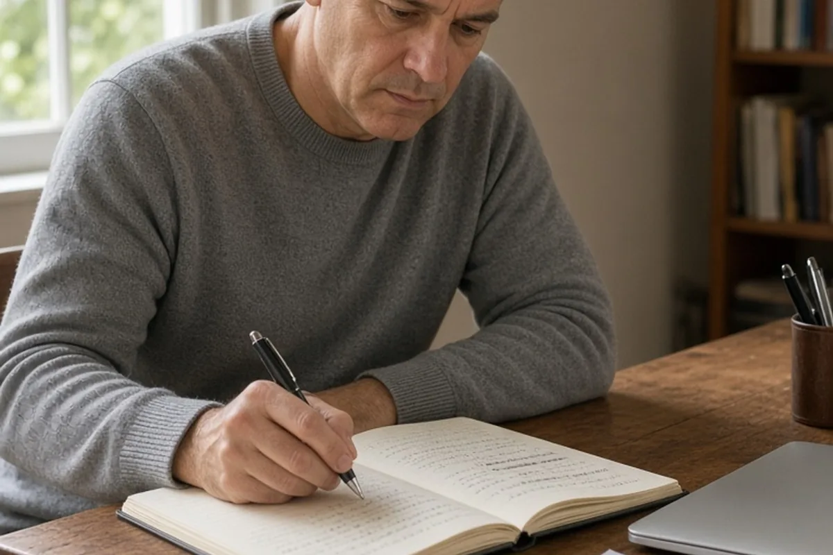 A man writing in a notebook at his desk in a home office
