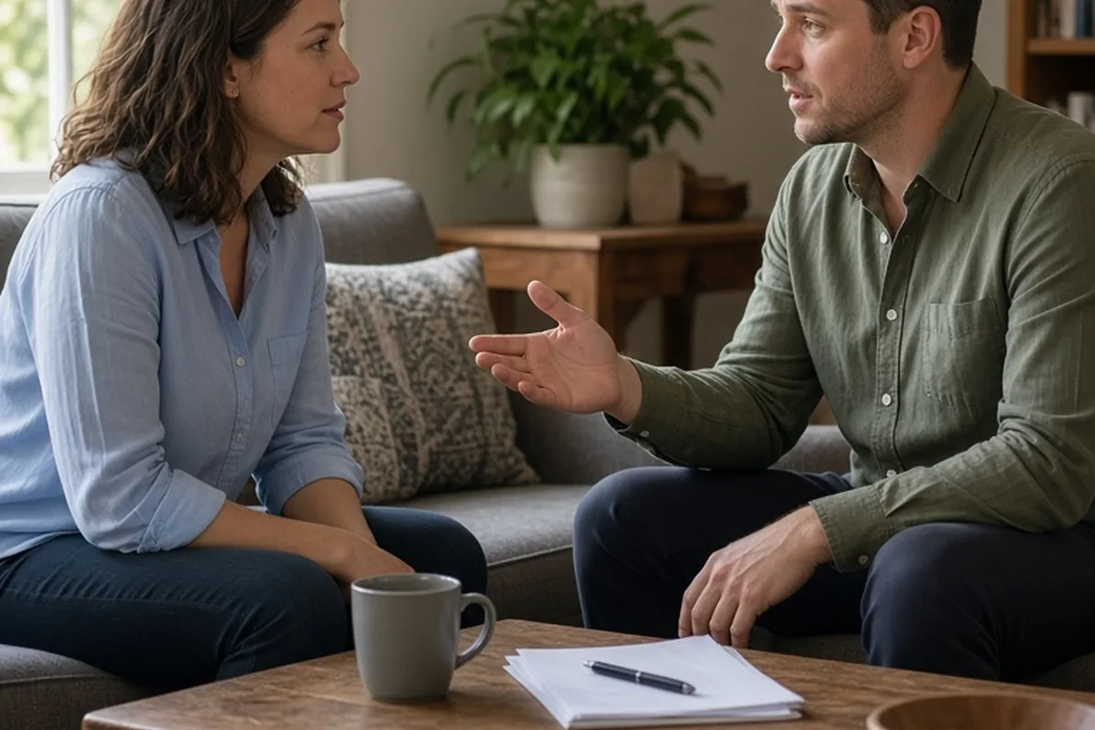 A couple sitting at a coffee table in their living room, engaged in a serious discussion with the man speaking and the woman listening attentively.