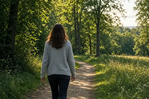 A woman with shoulder-length brown hair walking alone in a park at sunrise