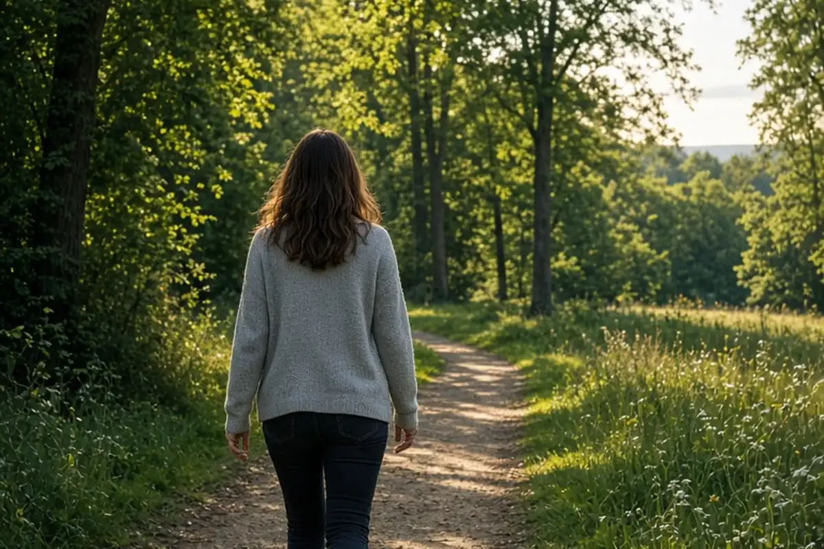 A woman with shoulder-length brown hair walking alone in a park at sunrise
