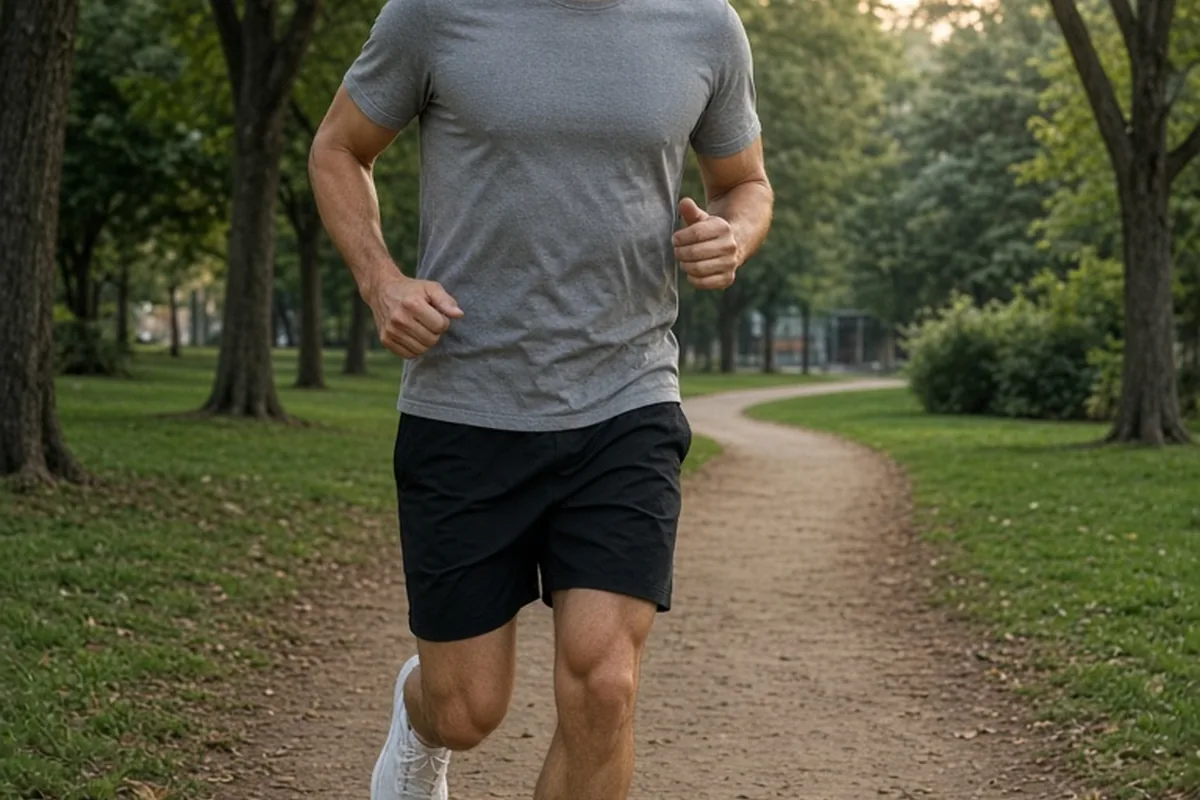 A man in his mid-thirties with short dark hair running alone on a park path at dawn wearing gray t-shirt and black shorts