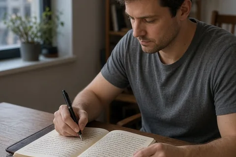 34-year-old man with short brown hair writing in a leather journal at a wooden desk in a quiet home office