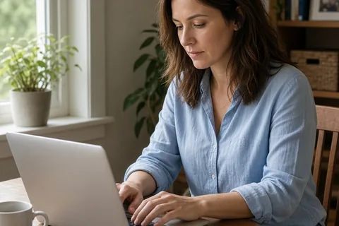 A clearly adult woman in her thirties with shoulder-length brown hair wearing a casual light blue blouse and jeans sits at a wooden desk in a home office, focused on typing an email on an open laptop.