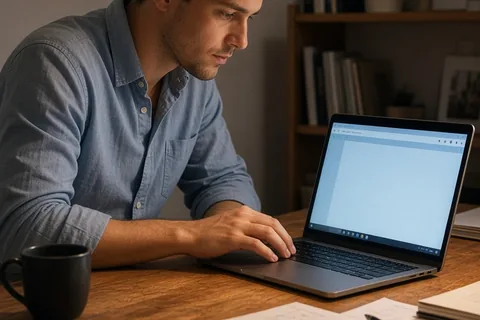 A man with short brown hair sitting at a desk leaning toward his laptop screen showing a website interface in a home office.