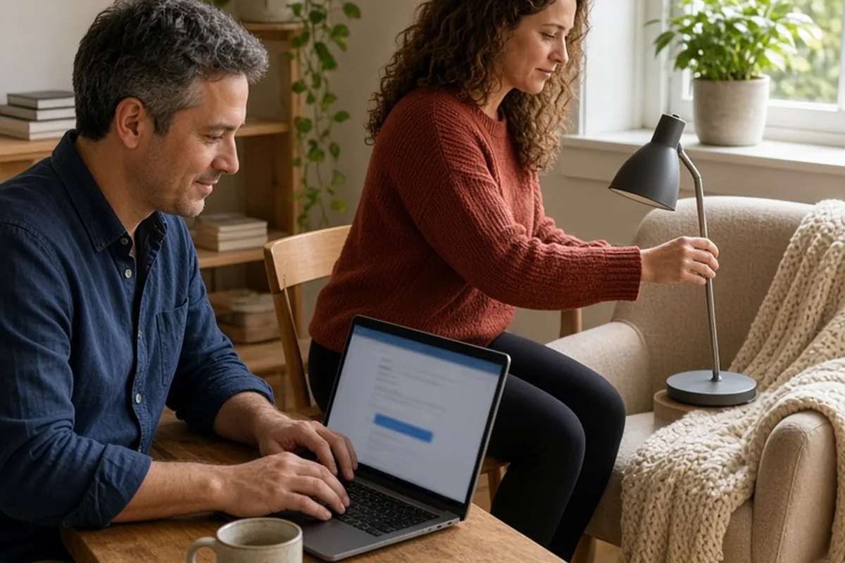 A man and a woman sitting at a desk in a home office, the man typing on a laptop with a blurred unreadable screen while the woman arranges a chair and desk lamp.