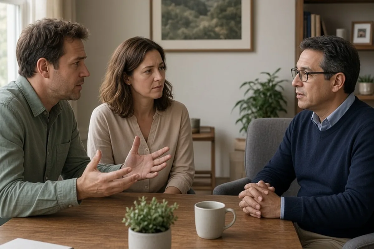 A therapist in a therapy session with a couple during an argument, the therapist intervening to help them de-escalate, the man gesturing, the woman listening