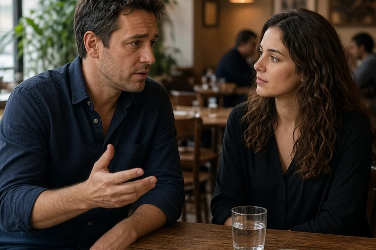 A man and a woman seated at a restaurant dinner table. The man is talking and gesturing to the woman while a phone rests on the table between them.