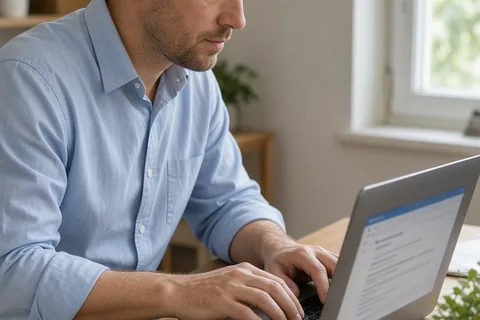 A man sitting at a wooden desk typing on a laptop in a home office with blurred screen text