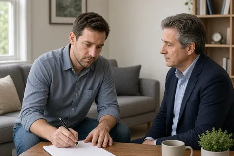 A clearly adult man with short brown hair wearing a casual button-down shirt sits at a wooden desk in a therapy office writing on a notepad as a clearly adult therapist listens nearby