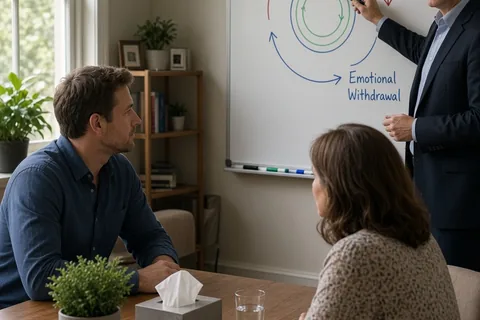 Therapist drawing a pursue-withdraw cycle diagram on a whiteboard in a therapy session with a couple observing the illustration