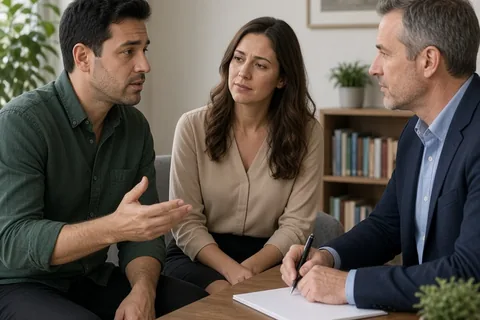 A couple in their thirties sitting across from a therapist in a counseling clinic office, engaged in conversation about therapy costs and budget options