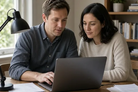 A man and a woman at a home office desk with the man typing on a laptop while the woman reviews the screen