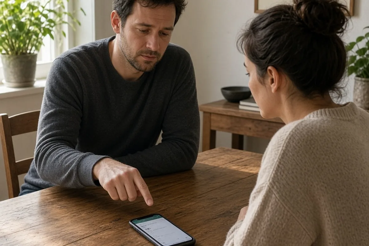 A man at a dining table pointing to his unlocked smartphone screen while talking to a woman sitting across from him.