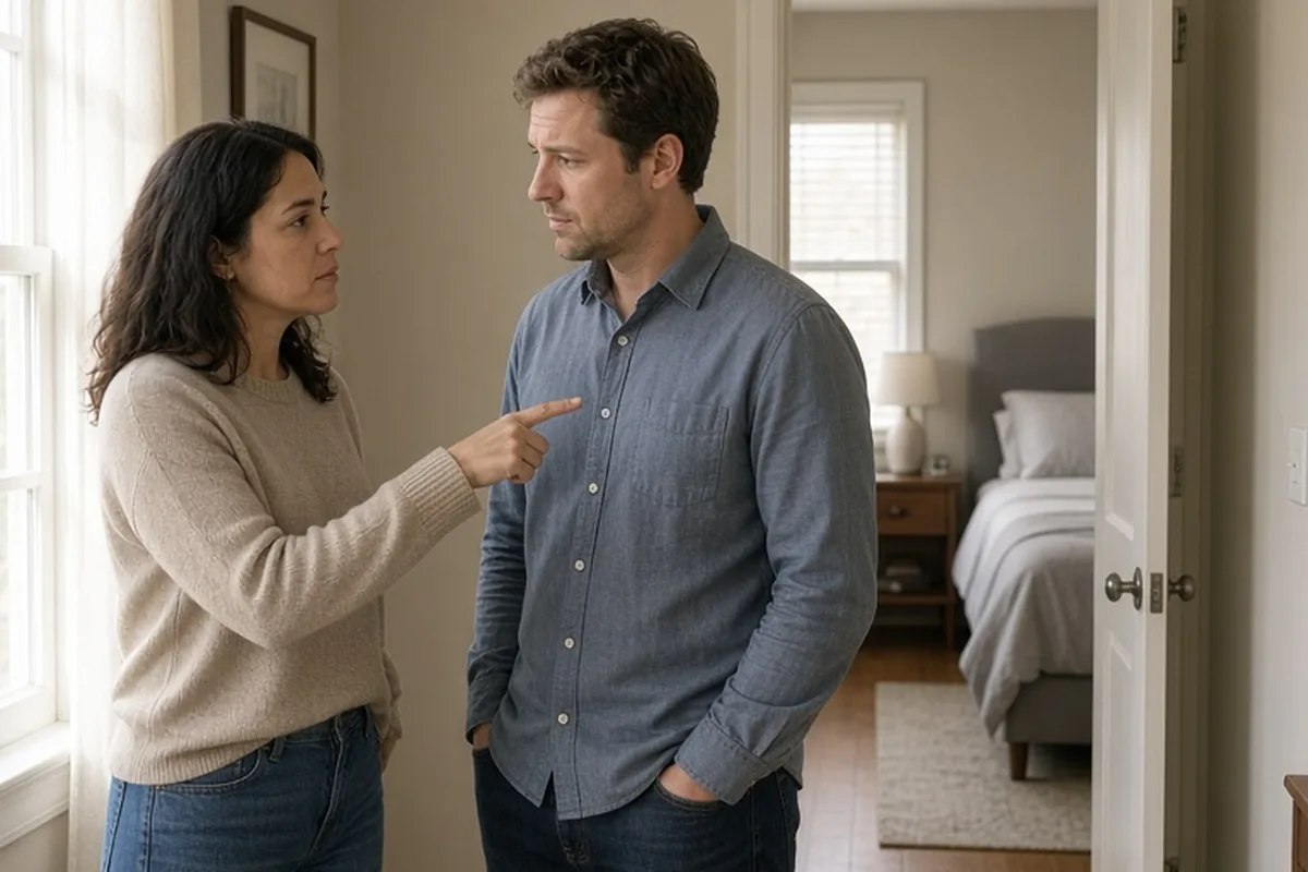 A couple standing in a home hallway, the woman gesturing toward the open guest room door