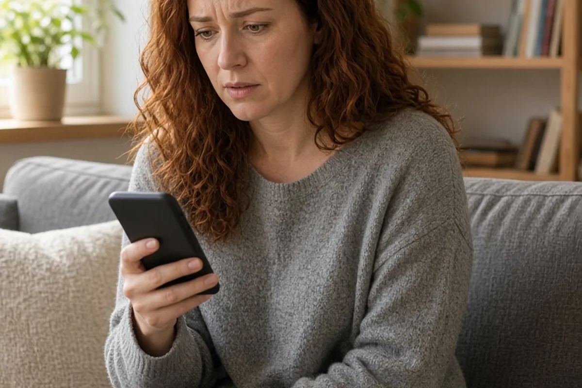A woman in her mid-thirties with wavy auburn hair sits on a couch holding her phone with the screen turned away, looking anxious