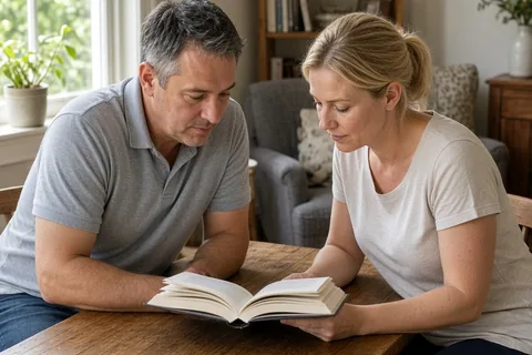 A man and a woman sitting at a wooden table in a home interior collaboratively reading an open relationship communication book
