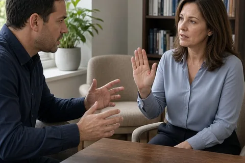 A man in his thirties with short dark hair sitting across from a female counselor in her forties at a wooden table in a therapist's office, the man gesturing while speaking about intimate details of h