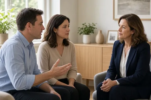 A therapist guiding a couple through a structured turn-taking communication exercise in a therapy session