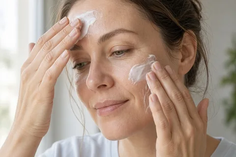 A woman with fair skin gently patting white lotion onto her cheeks and forehead with her fingertips