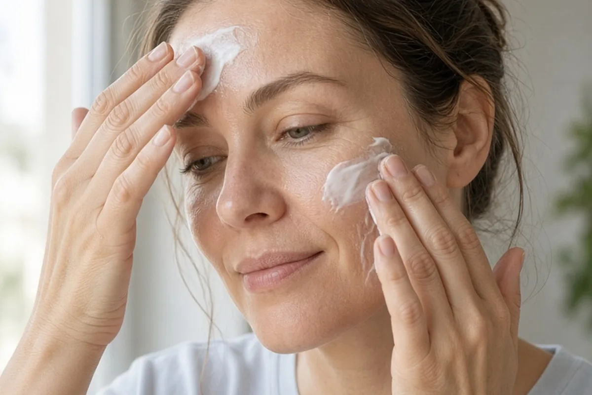 A woman with fair skin gently patting white lotion onto her cheeks and forehead with her fingertips