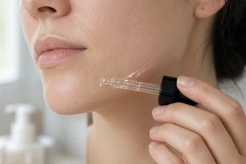 Close-up of a woman's jawline with a small drop of clear liquid being applied as part of the patch test for a chemical peel.