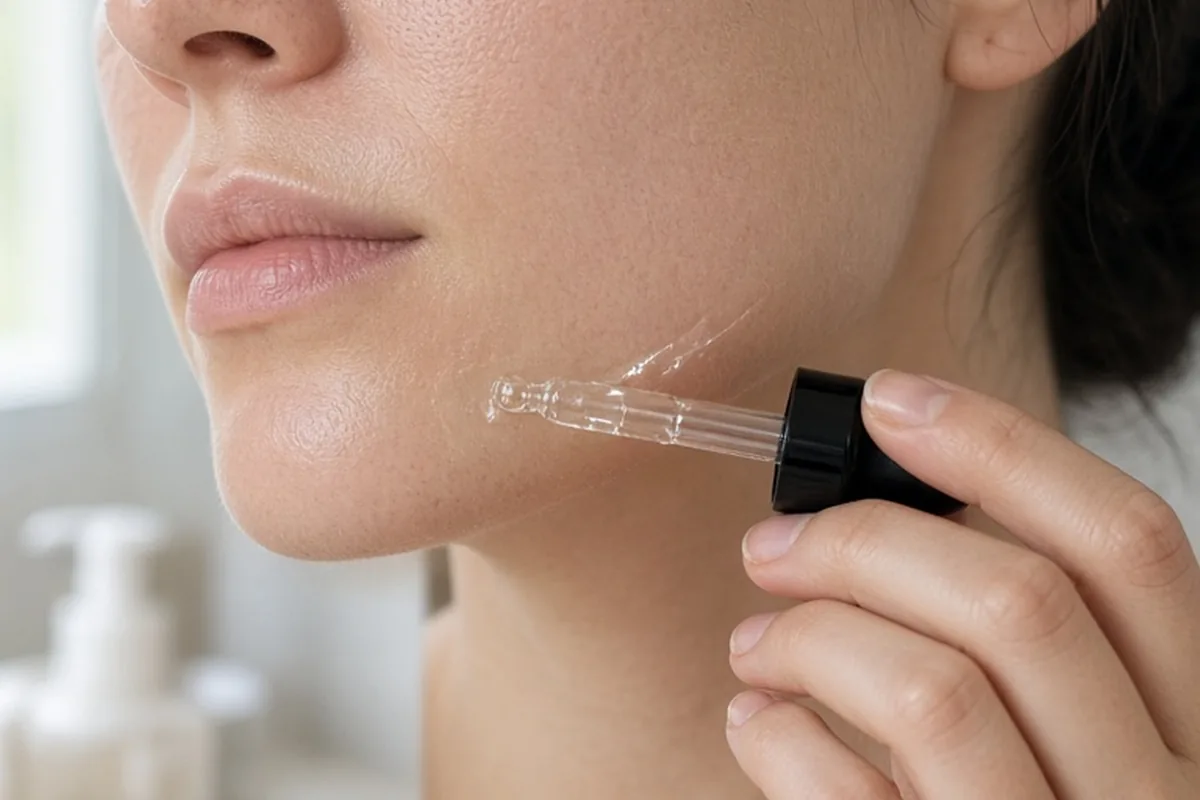 Close-up of a woman's jawline with a small drop of clear liquid being applied as part of the patch test for a chemical peel.