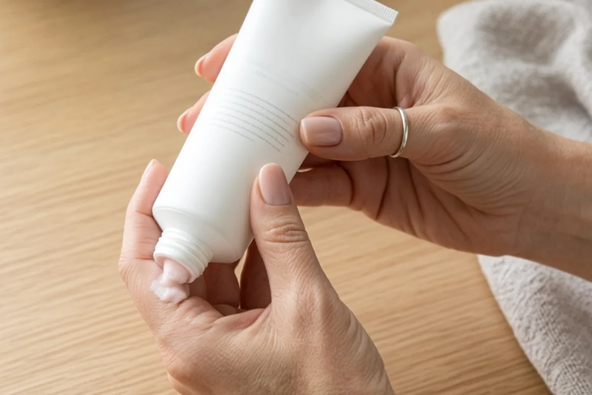 An adult person's hands holding and reading from a skincare cream tube in a home setting.