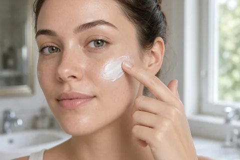Woman in a bathroom gently applying white cream to her cheek with her finger, showing the skincare routine for repairing over-exfoliated skin