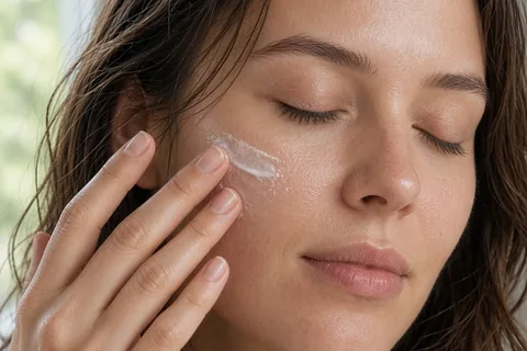 Close-up of a mid-twenties woman with brown hair applying ceramide cream to her cheek in a bathroom using her fingertips